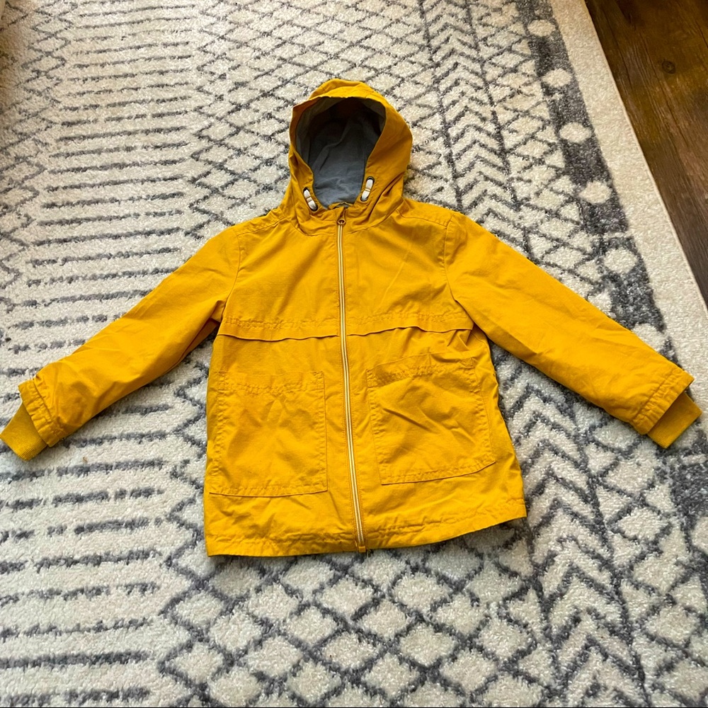 —SOLD—Mustard Yellow rain jacket with hood size 4/5
